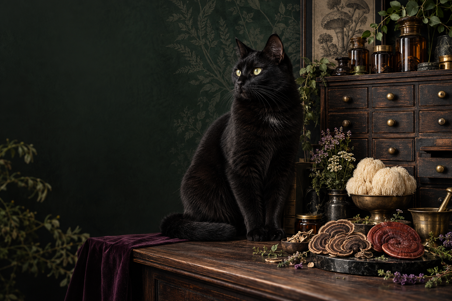 A black cat in a dark botanical apothecary with mushrooms and amber jars